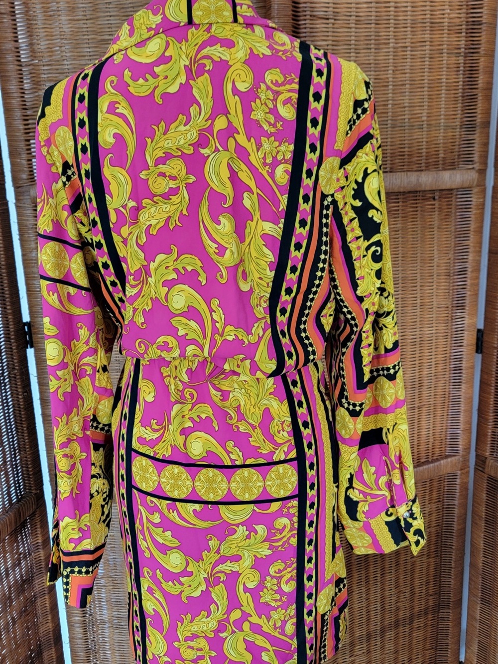 EUC Long Sleeve Pink & Gold Print Tie-Waist Dress - Picture 12 of 13